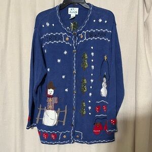 EUC Quacker Factory Blue Snowman Winter Holiday Cardigan Sweater 1X Vintage